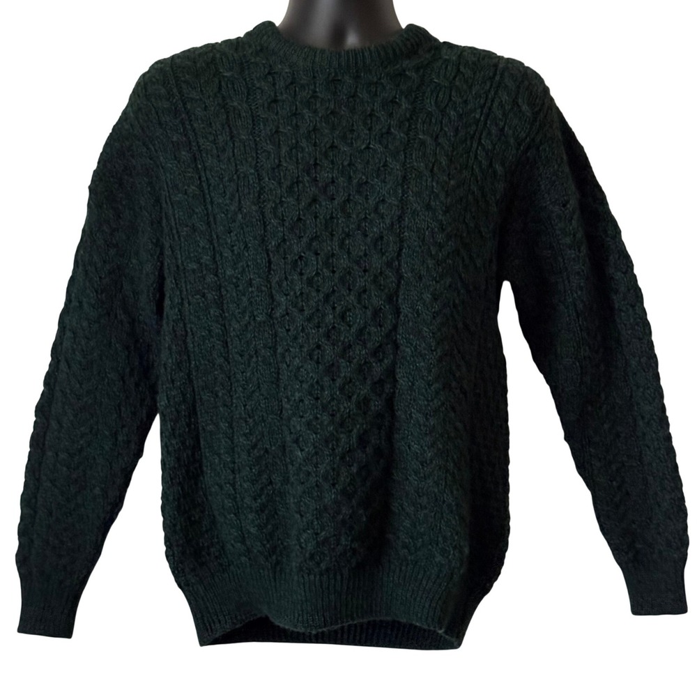 Aran Sweater Market Men's Small Green 100% Wool Cable Knit Irish Sweater Ireland